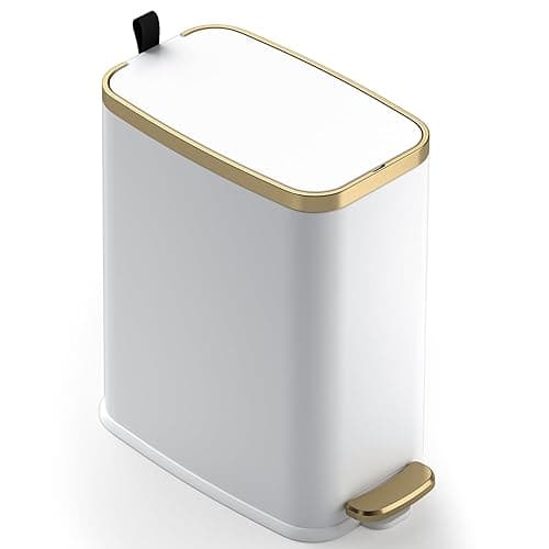 CEROELDA Small Bathroom Trash Can with Lid Soft Close-5L/1.3 Gal Slim Garbage Can-Metal Step Wastebasket-Rectangle Narrow Waste Bin for Office, Bedroom, Toilet, Live Room-White - A-White - 1.3 Gallon
