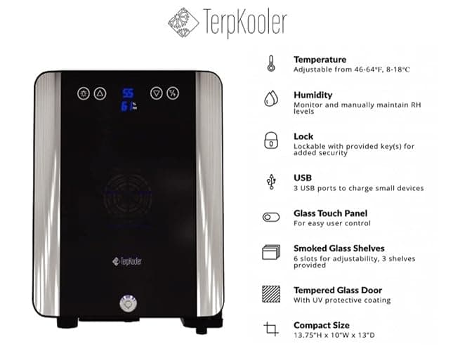 Terpkooler Essential Cooler Compact Portable Mini Fridge with Temp & Humidity Control, 3 USB Ports, Smoked Glass Shelves, Lockable UV Glass Door for Herbs, Oils, Cosmetics, and More thumbnail 9