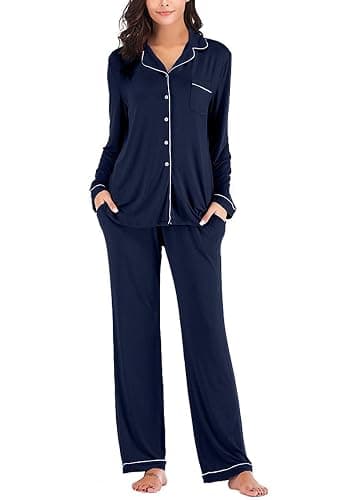 Aamikast Women's Pajama Sets Long Sleeve Button Down Sleepwear Nightwear Soft Pjs Lounge Sets - Navy Blue - X-Large - Image 1