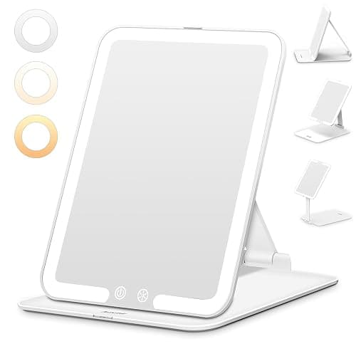 Auxmir Travel Makeup Mirror, Portable LED Vanity Mirror with Lights, Rechargeable Cosmetic Mirror with Dimmable Touch Screen, Folding Beauty Mirror for Home and Travel - M-white - Image 1