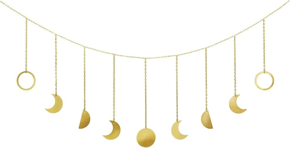 Mkono Moon Phase Wall Hanging Boho Aesthetic Room Decor Metal Moons Garland Hanging Art Bohemian Home Decoration for Girls Room Nursery Bedroom Livingroom Dorm, Ideal, Gold, 50" - Gold - Medium