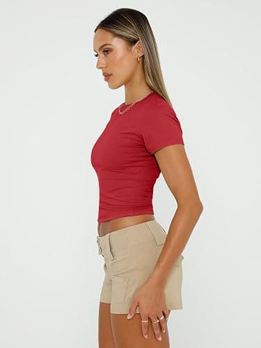 AUTOMET Women's 3 Pack Short Sleeve Shirts | Buttery Soft Slim Fitted Crop Tops, Stretchy Going Out Basic Tees for Summer, Layering & Everyday thumbnail 5