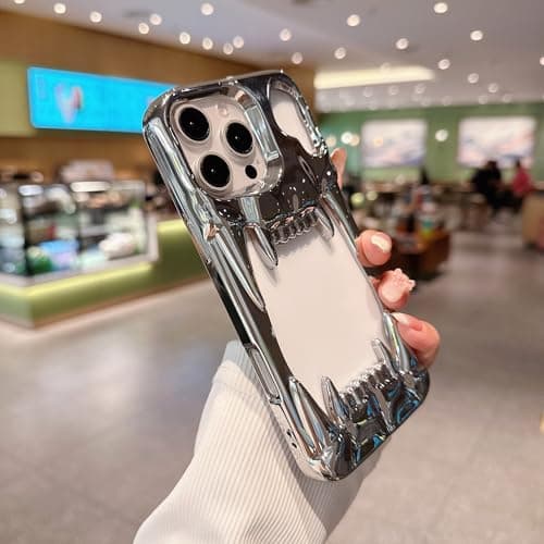 Pretaco Gothic 3D Hollow Horror Devil Pattern Case for iPhone 16, [Luxury Chrome Color Plating] [Heat Dissipantion Thermal Design] Shockproof Bumper for Halloween- Silver thumbnail 6