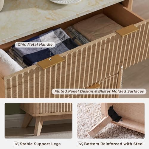 T4TREAM Fluted 6 Drawers Dresser, 54" Wide Modern Chest of Drawers with Faux Marble Top, Curved Profile Design, Dresser TV Stand, Wood Drawer Organizer for Bedroom, Living Room, Hallway, Natural Oak thumbnail 6