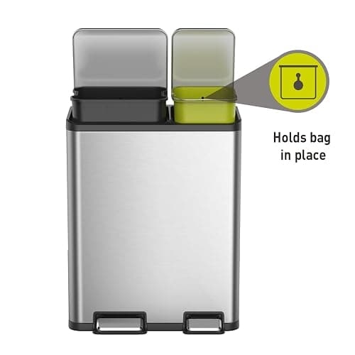 EKO EcoCasa Stainless Steel Dual Step Trash Can for Recycling, 30L+20L Rectangular Kitchen Trash Can, Independent Pedals and Lids, Soft Close and Fingerprint Resistant - 30L + 20L thumbnail 7