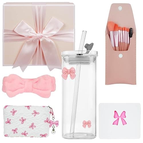 AUYAO Gifts for Girls Teenage Women Christmas Birthday Gift Set Coquette Pink Bow Gift Set with Glass Cup with Lid and Straw Headband Makeup Brushes Cosmetic Bag Greeting Card Unique Presents thumbnail 8