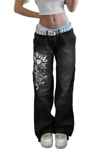 ticticlily Jeans Damen High Wasit Straight Baggy Y2K Style Vintage Weite Bein Gewaschene Denim Hosen Bootcut Gerade Lose E-Girl Casual Jeanshose Streetwear Mode Boyfriend Freizeithose - Image 1