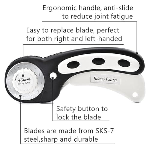 45mm Rotary Cutter with 7pcs Replacement Blades, Ergonomic Handle Rolling Cutter with Safety Lock for Fabric, Leather, paper, Crafting, sewing, Quilting, Perfect for Left & Right Hand(Black) thumbnail 4