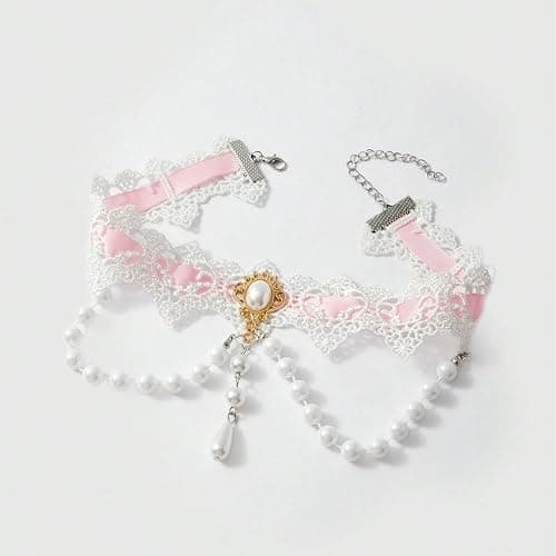 Elegant Gothic Lace Rose Choker Necklace Halloween Vintage Pearl Necklaces Halloween Victorian Lolita Costume Accessories Bridal Wedding(Pink White) thumbnail 3