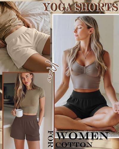 Neer 3 Pack Women's Athletic Shorts Lightweight 5'' High Waisted Elastic Wide Leg Yoga Lounge Casual Workout with Pockets(L,Black,Cream,Dark Brown) thumbnail 3