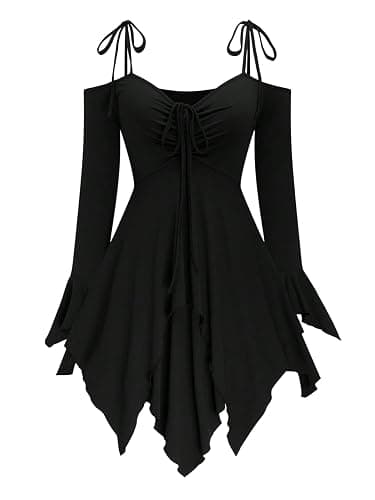 SHENHE Women's Plus Size Cold Shoulder Dress Bell Sleeve Drawstring Asymmetrical Flowy Gothic Fairy Dresses - Image 1