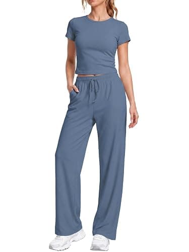 LanGui 2 Piece Sets for Women Summer 2026 Lounge Set Side Ruched Top and Wide Leg Pants for Airport Travel Vacation Outfit - Image 1