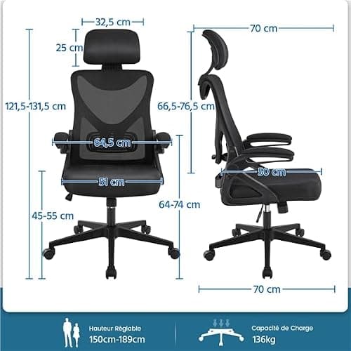 Yaheetech Chaise de Bureau en Maille avec à Haut Dossier avec Accoudoirs Relevables Appui-tête Support Lombaire Assise Réglable en Hauteur Charge Max 136kg Noir thumbnail 3