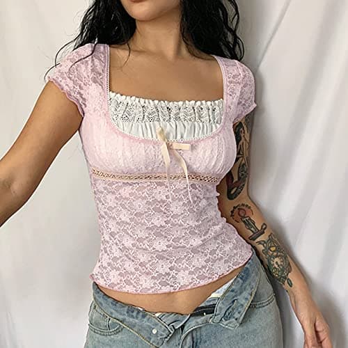 Women Fairy Grunge Y2k Shirts See Through Square Neck Lace Patchwork Tops Vintage Goth Aesthetic Clothing - C1 Pink - Small thumbnail 4