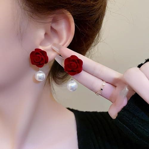 Elegant Floral Clip on Earrings for Women Vintage Red Velvet Rose Flower Pearl Dangle Earrings Non Pierced Plant Camellia Statement Earrings Jewelry thumbnail 2