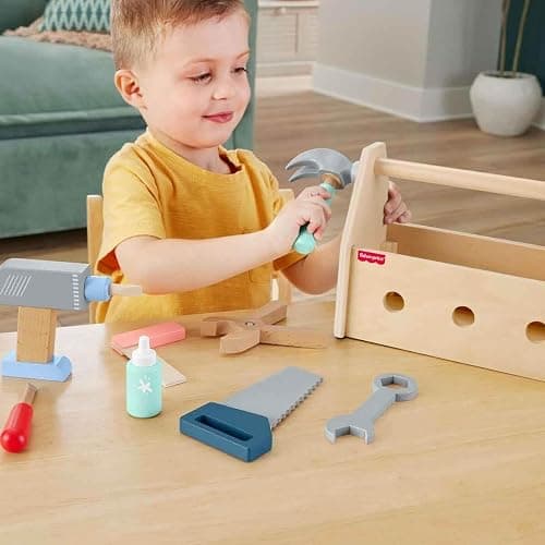 Fisher-Price Wood Pretend Play Toy Tool Box with Drill, 9-Piece Wooden Set for Building Construction Play Preschool Kids Ages 3+ Years thumbnail 2