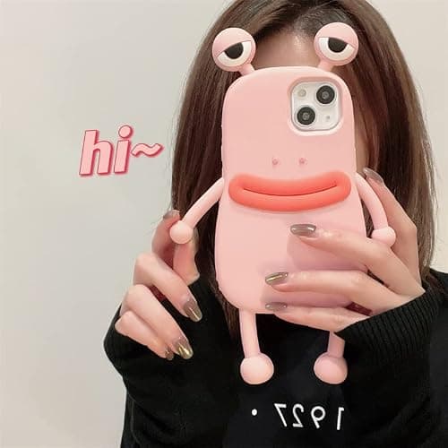 BONICI Men Women Super Funny Novelty Hotdog Sausage Mouth Big Eyes Green Frog Pink Frog Phone Case Soft TPU Silicone Rubber Phone Cover Compatible with iPhone 15, Full Body Protection -Pink thumbnail 4