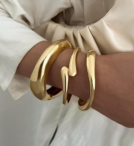 Chunky Gold Bangle Bracelets for Women, Dainty 14k Gold Plated Big Stackable Bangles Set, Trendy Statement Cuff Bracelet Stack Fashion Jewelry Gifts thumbnail 3