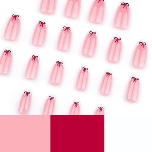 24Pcs Bow Press on Nails Short Almond French Tip Fake Nails Cute Bows Nails Design Holiday Glue on Nails White Nail Tips False Nails with Glue Handmade Nails for Women Valentines Manicure Decoration thumbnail 5