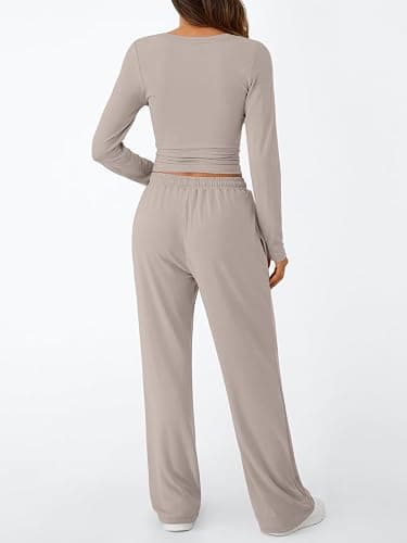 Trendy Queen Women's 2 Piece Matching Lounge Set Long Sleeve Slightly Crop Top Wide Leg Pants Casual Sweatsuit thumbnail 4