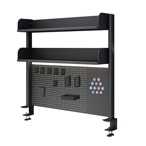 OXBZKMY Clamp on Desk Shelf with Pegboard, Black Desktop Organization Bookshelf Storage Shelves for Home Office Dorm Gaming Desk, Space Saving Tabletop Display Rack (Black, 39.5(W) x37.5in(H)) - Image 1