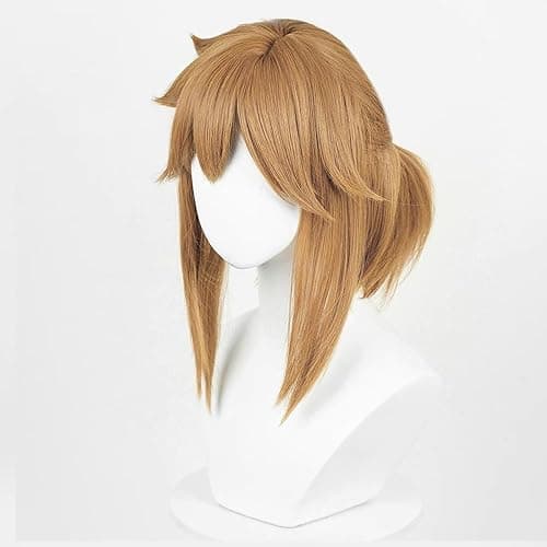 Shqncoh Anime Link Wig Short Brown Curly Tied in Ponytail Party Hair Halloween Cosplay Props Accessory thumbnail 3