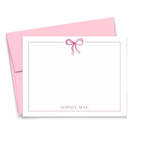 Personalized Pink Bow Notecards With Envelopes, FLAT Custom Stationary With Bows, Girls Watercolor Note Cards With Name, Cute Pink Ribbon Stationery With Border, Your Choice of Colors and Quantity - Image 1