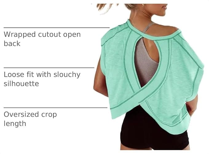 Fhniepan Open Back Tops for Women Oversized Short Sleeve Workout T Shirts Backless Y2k Athletic Crop Running Tees thumbnail 4