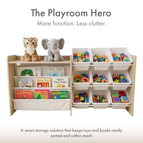 Humble Crew Toy Storage Organizer with Book Shelf and Top Shelf, 9 Removable Storage Bins for Kids Playroom, Toy Organization, Solid Wood, Natural/White thumbnail 5