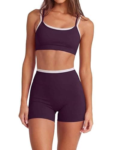 SUUKSESS 2 Piece Workout Sets Layered Sports Bra Yoga Gym Biker Shorts - Image 1