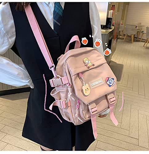 PEXIZUAN kawaii backpack girl school bag waterproof nylon with kawaii pendant cute pin mini backpack(pink) thumbnail 4