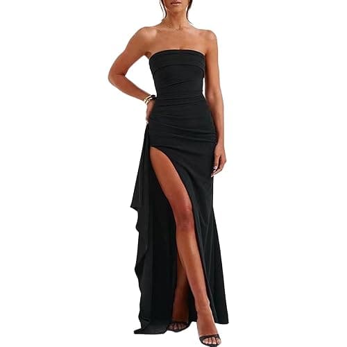 Bcenoilua Robe Longue Femme Sexy sans Manches Epaules Dénudées Maxi Robes Elégant Fendue Slim Bodycon Robe Dos Nu à Ourlet Irrégulier Robes de Soirée pour Clubbing Nuit Cocktail Party thumbnail 2
