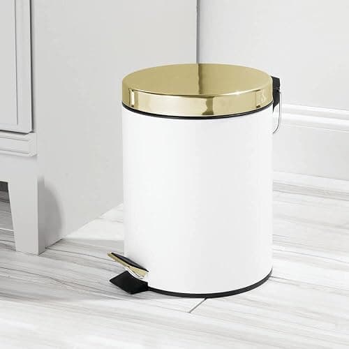 mDesign Pedal Bin — Metal Waste Bin with Pedal, Lid and Plastic Bucket Insert — Perfect for Bathroom, Kitchen, and Office — Household Rubbish Bin with Ergonomic Design — White/Gold thumbnail 2