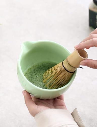 TANG PIN Matcha Set - Match Bowl with Spout and Whisk, 15 OZ, Matcha Scoop | Matcha Whisk Stand (Chasen Holder) - 4pc Perfect Matcha Kit for Matcha Tea Ceremony (Green) - Green thumbnail 5