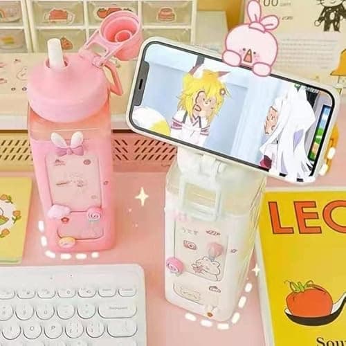 excvalues Kawaii Water Bottle with Straw Cute Large Water Bottles with Kawaii Stickers Aesthetic Leakproof Square Drinking Bottle (Pink) thumbnail 7