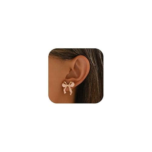 Pink Bow Earrings for Women Cute Bow Ribbon Stud Earrings Trendy Christmas Jewelry for Women - Image 1