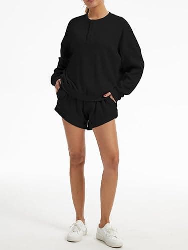 AnotherChill Women's Waffle Knit 2 Piece Lounge Short Sets Cozy Outfits | 95% cotton oversized sweatshirt high-rise shorts, breathable casual comfy matching sets for loungewear spring and fall thumbnail 6