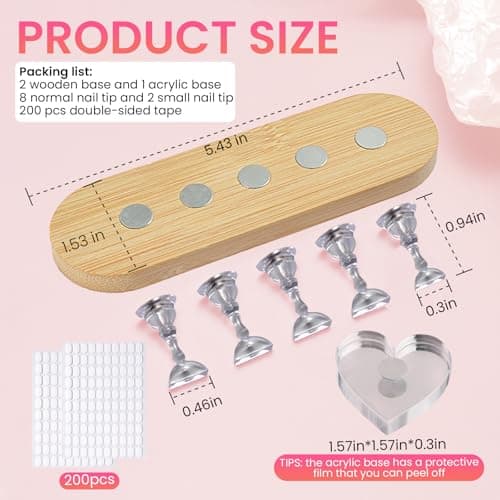 ESUOHYM Wooden Stand for Nails Art Display Practice 2 Set, 1 Heart Shaped Acrylic Magnetic Nail Stand, Fake Nail Holder with 200 Pieces Double-sided Tape, For Home DIY Salon Supplies (Wood, Large) thumbnail 2