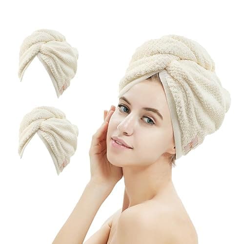 M-bestl 2 Pack Microfiber Hair Towel Wrap,Hair Drying Towel with Button, Absorbent and Soft,Anti-frizz Head Towel to Dry Hair Quickly(Beige&Beige) - Image 1