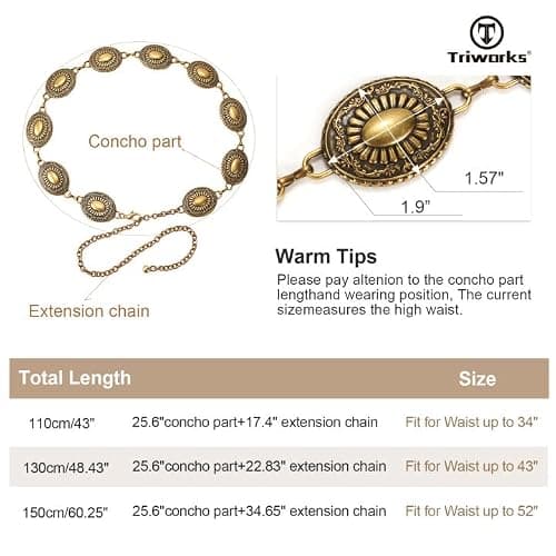 TRIWORKS Western Concho Belt for Women – Gold Chain Cowgirl Boho Belt for Dresses, Jeans & Country Concerts thumbnail 6