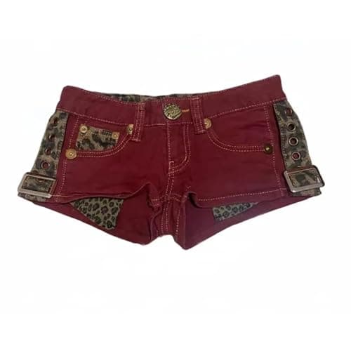 Women Vintage Leopard Patchwork Red Denim Shorts Summer Streetwear Sexy Y2K Low Rise Slim Hot Pants Casual All-Match Jeans - Image 1