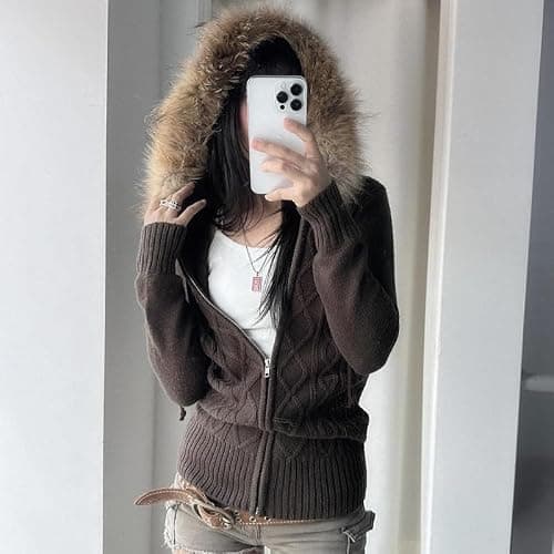 KMBANGI Women Fur Trim Crop Hoodies Zip Up Y2k Long Sleeve Cropped Sweatshirt Zipper Furry Hooded Jacket with Pockets thumbnail 3