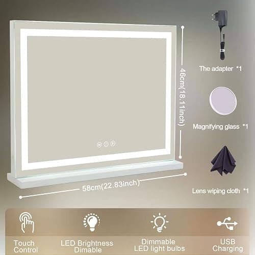 Sucedey Vanity Mirror with Lights, 23" x 18" Makeup Mirror, Hollywood Mirror with 3 Color Modes & Adjustable Brightness, Detachable 10x Magnification and USB Charging Design (White) - 23L x 18W inches thumbnail 6