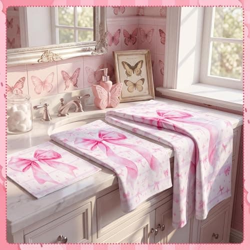 Moukeren Set of 3 Pink Bow Bath Towels Cute Coquette Large Bow Bath Towel Hand Towel and Washcloth Soft Decorative Towels for Girls Womens Bathroom Kitchen Pool Gym Spa Yoga thumbnail 7