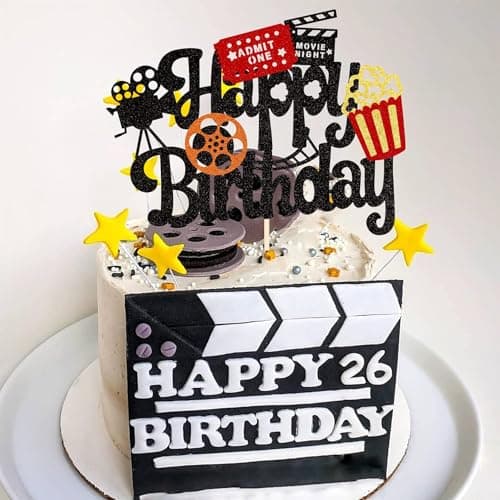 Confetti! Movie Night Cake Topper Happy Birthday Sign Cake Pick Decorations for Theater Video Recorder Roll Camera Popcorn Hollywood/Bollywood Theme Birthday Party Supplies thumbnail 6