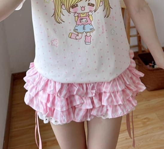 Womens Y2K Off Shoulder Kawaii T-Shirt Suit Hrajuku Plaid Ruffled Lace Pumpkin Short Pants Cute Cat Graphic Tops thumbnail 5