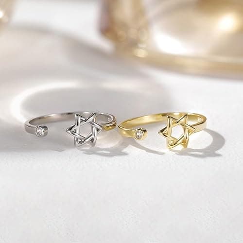 YILUOCD Star of David Zircon Ring for Women, Simple Magen David Wiccan Amulet, Hexagram Adjustable Rings Jewish Jewelry thumbnail 3