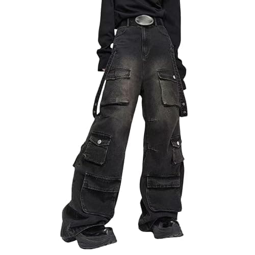 POHADON Baggy Cargo Pants for Women Loose Fit Straight Wide Leg Denim Jeans Pants Y2k Emo Clothes Hip Hop Streetwear - Image 1