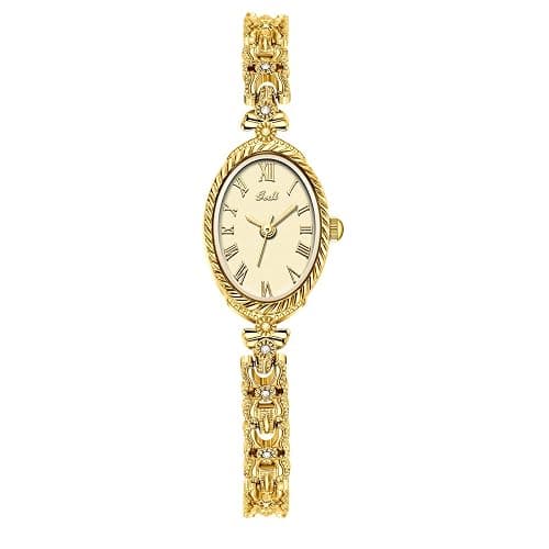 CARLIEN Fashion Vintage Gold Oval Quartz Watches for Women - Alloy Steel Band Slim Bracelet - Roman Numerals Numbers - Dainty Elegant Dress Wristwatch Waterproof - Image 1