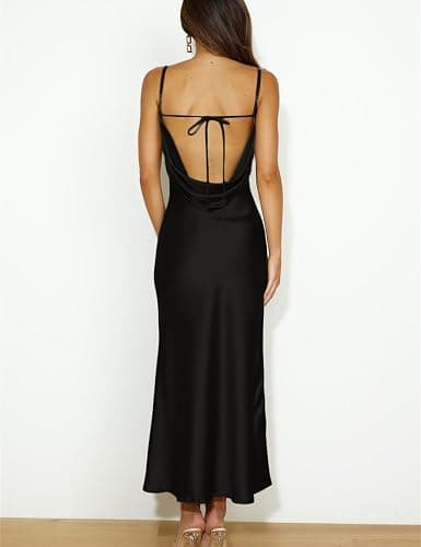 Summer Satin Spaghetti Strap Cowl Neck Backless Midi Dresses for Women Elegant Tie Low Back Ruched Cocktail Dress thumbnail 2